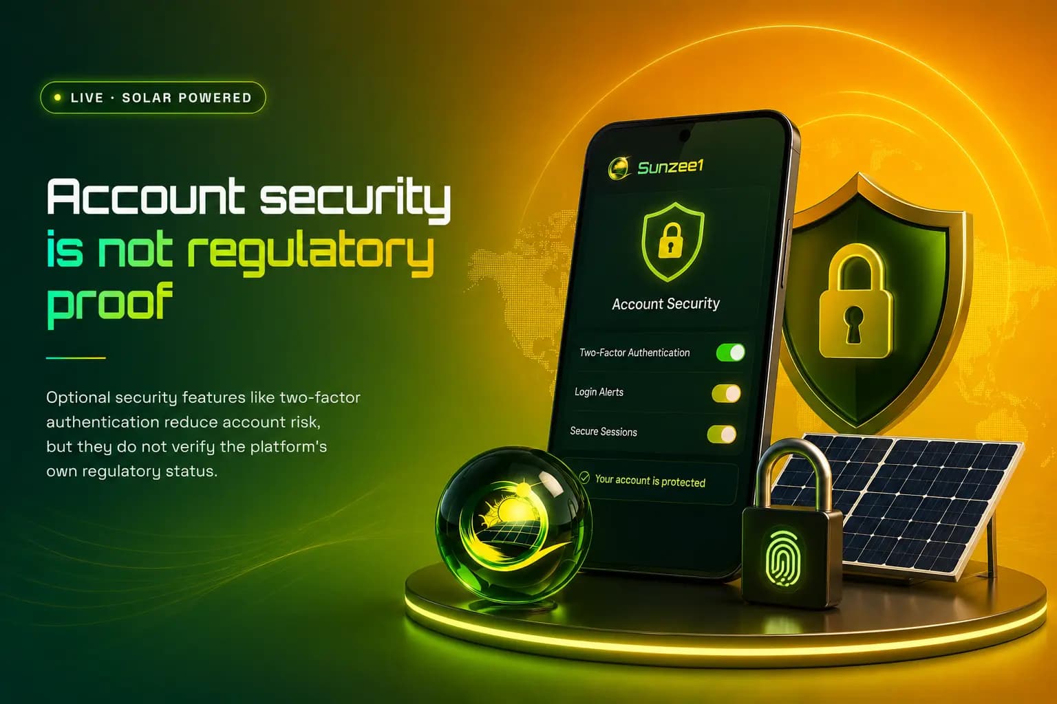 Account security is not regulatory proof Digital illustration of a security shield representing account protection