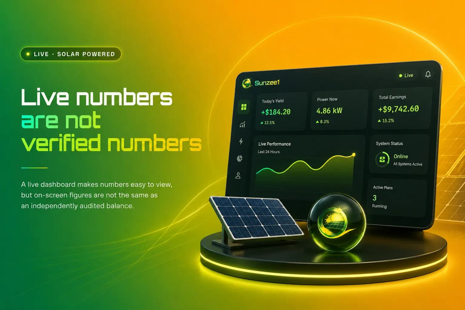 Live numbers are not verified numbers Hand holding a smartphone displaying a financial dashboard app